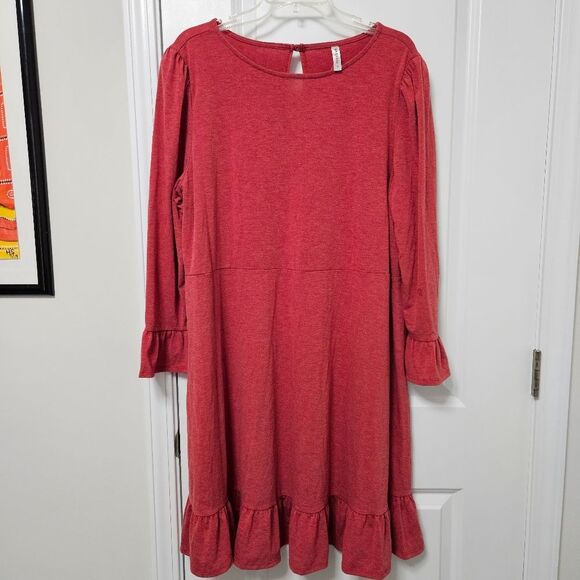 Emerald Knit Dress Women's 2X Red Round Neck Long Sleeve Ruffles Peasant NWT - Picture 1 of 10